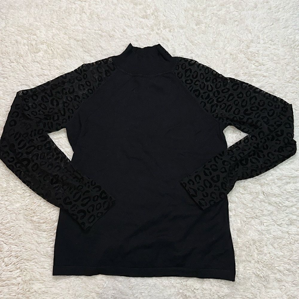 Andrea Jovine Long Sleeve Black Shirt with Sheer Cheetah Arms in Size M